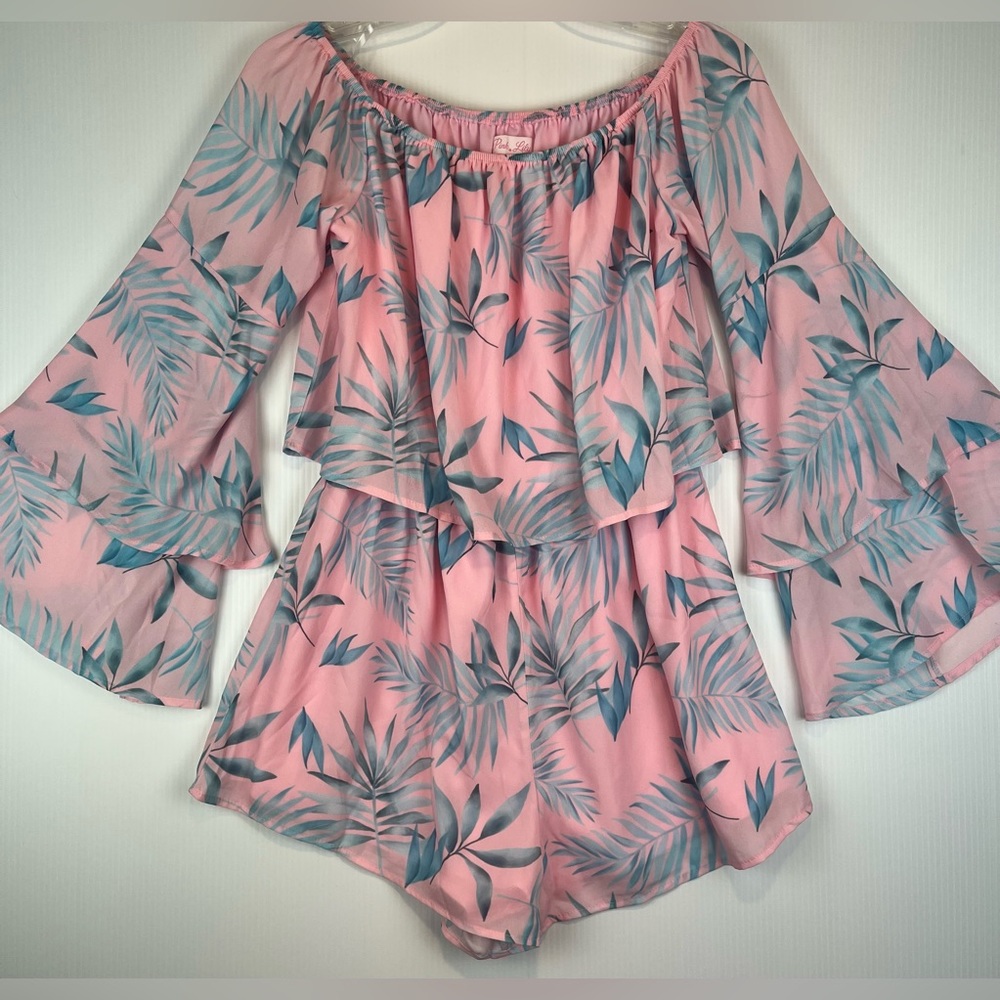 Pink Lily brand Size SMALL Jumper Romper Shorts Pink with Teal Bell Sleeves